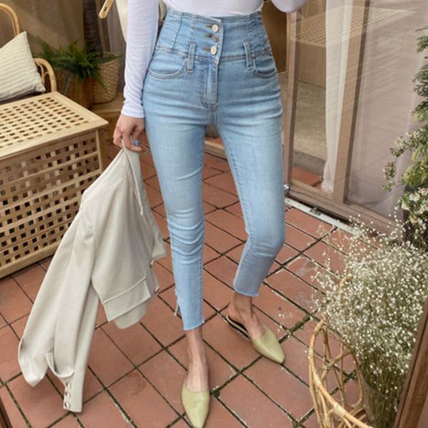 elegant single breasted frilly high waist ny female jeans 2021 stretched women's brim pants, Blue 
elegant single breasted frilly high waist ny female jeans 2021 stretched women's brim pants, Blue