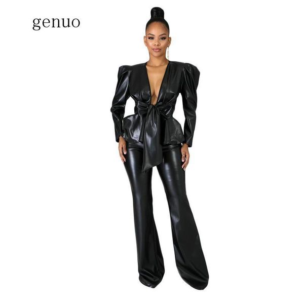 two piece dress pu leather 2 set winter clothes for women deep v neck puff sleeve sashes and black flare pants club tracksuits, White
two piece dress pu leather 2 set winter clothes for women deep v neck puff sleeve sashes and black flare pants club tracksuits, White