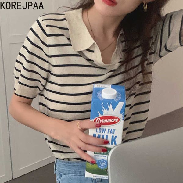 korejpaa women t-shirt summer korean retro lazy style lapel contrast stripe design loose versatile short-sleeved knit 210526, White
korejpaa women t-shirt summer korean retro lazy style lapel contrast stripe design loose versatile short-sleeved knit 210526, White