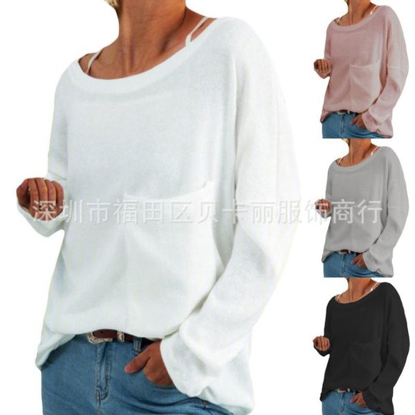 women's t-shirt autumn sweater long sleeve round neck pocket top, White 
women's t-shirt autumn sweater long sleeve round neck pocket top, White