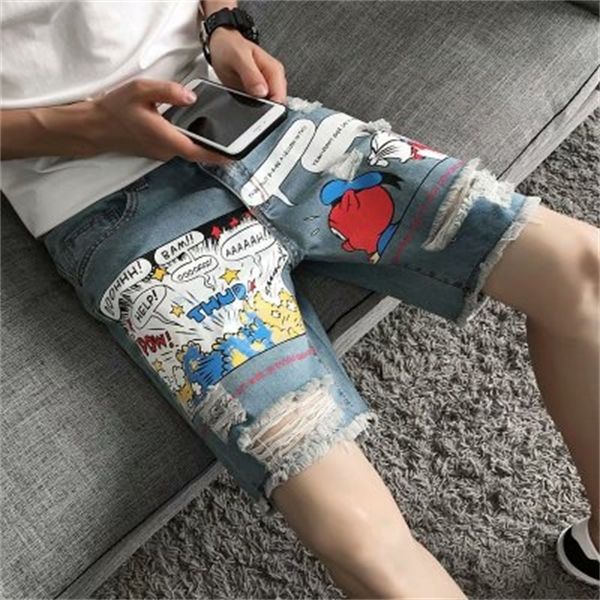 2021 summer wash cartoon print hole five points jeans korean casual breathable denim pants students five-knee denim jeans shorts x0621, Blue
2021 summer wash cartoon print hole five points jeans korean casual breathable denim pants students five-knee denim jeans shorts x0621, Blue