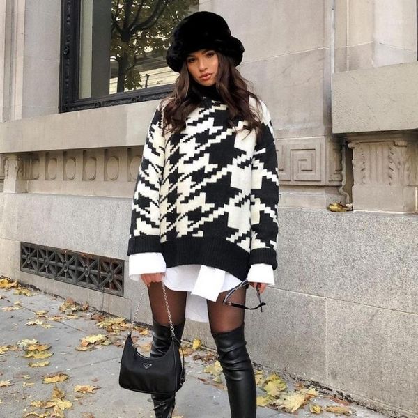 long sleeve autumn winter oversized sweater dress women turtleneck black casual knit mini houndstooth party dresses 2021, White;black
long sleeve autumn winter oversized sweater dress women turtleneck black casual knit mini houndstooth party dresses 2021, White;black