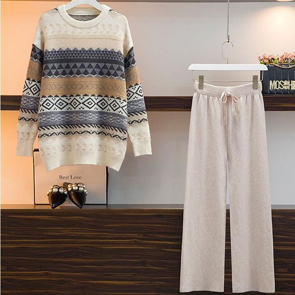 women's two piece pants winter vintage casual round neck long sleeve sweater women print patchwork knitted + high waist wide leg set, White
women's two piece pants winter vintage casual round neck long sleeve sweater women print patchwork knitted + high waist wide leg set, White