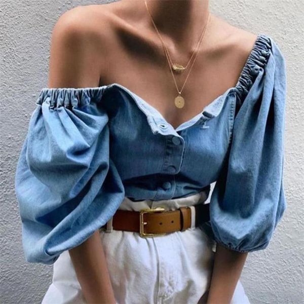women's t-shirt fufucaillm 2021 autumn denim button down casual off shoulder lantern sleeve lazy style t-shirts fashion, White
women's t-shirt fufucaillm 2021 autumn denim button down casual off shoulder lantern sleeve lazy style t-shirts fashion, White