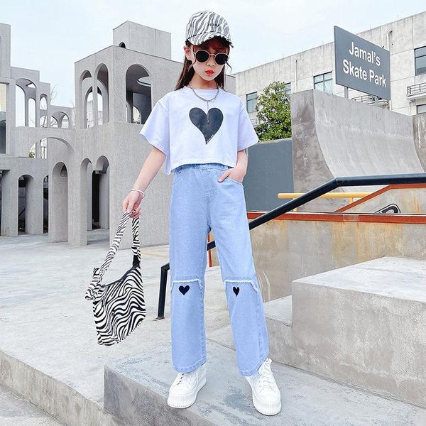 clothing sets 2021 spring outfit kids heart print short sleeve t-shirt + denim pants 2pcs for teenager girls casual clothes suit, White
clothing sets 2021 spring outfit kids heart print short sleeve t-shirt + denim pants 2pcs for teenager girls casual clothes suit, White