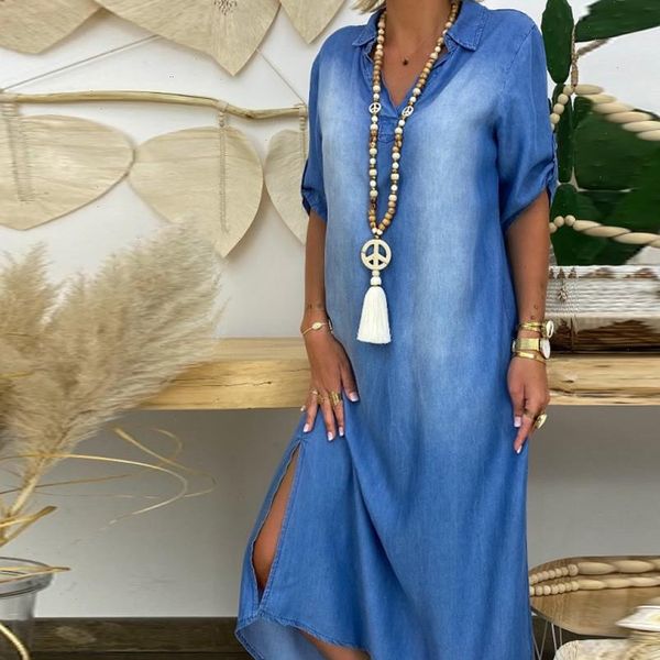 summer women womens dress denim dresses short sleeves loose long v neck casual office jeans vestidos party, Black;gray