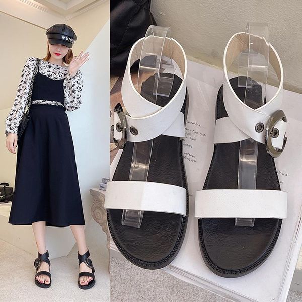 sandals flat pin buckle women's summer 2021 thick-soled fashion casual cross strap commuter street s, Black 
sandals flat pin buckle women's summer 2021 thick-soled fashion casual cross strap commuter street s, Black