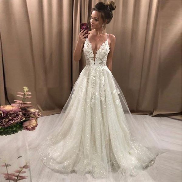 spaghetti neck sequined a line lace wedding dresses brial gowns with appliques sweep train backless plus size bride dress, White
spaghetti neck sequined a line lace wedding dresses brial gowns with appliques sweep train backless plus size bride dress, White