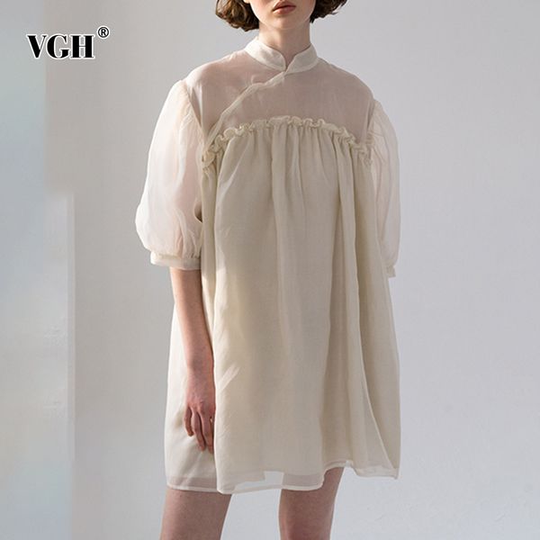 vintage solid dress for women stand collar puff short sleeve patchwork loose mini dresses female summer fashion stylish 210507, Black;gray
vintage solid dress for women stand collar puff short sleeve patchwork loose mini dresses female summer fashion stylish 210507, Black;gray