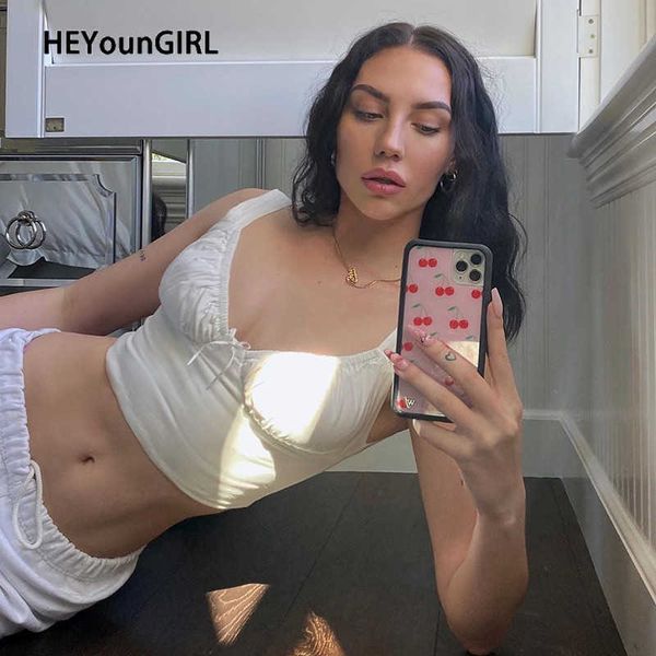 heyoungirl summer casual sleeveless tank women milkmaid white ruched crop tees fashion basic cropstreetwear 2021 y0622