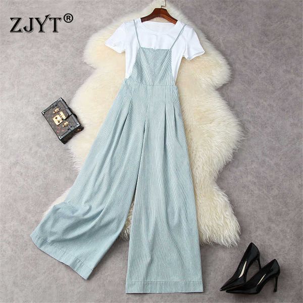 summer pants suit 2 piece set women designers fashion short sleeve white tees+striped overalls trousers ladies casual outfit 210601
summer pants suit 2 piece set women designers fashion short sleeve white tees+striped overalls trousers ladies casual outfit 210601