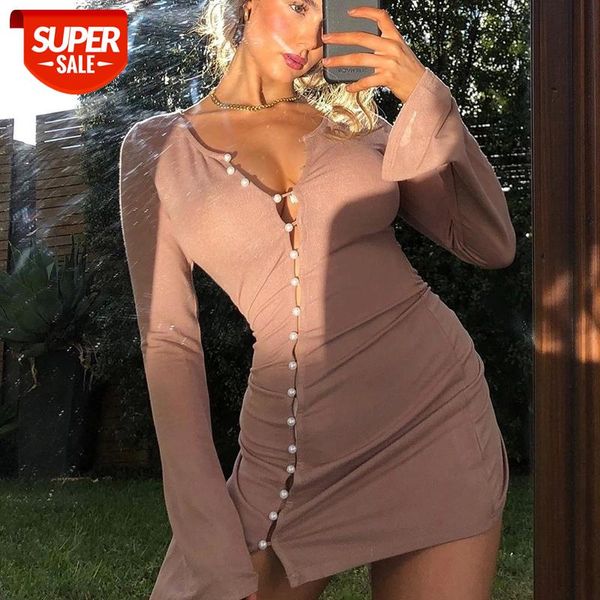 women's solid color slim mini dress long sleeve baggy cuff diagonal pearly button round neck wild bodycon #et6r, White;black
women's solid color slim mini dress long sleeve baggy cuff diagonal pearly button round neck wild bodycon #et6r, White;black