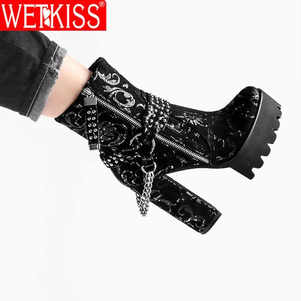 wetkiss women ankle boots round toe thick high heel platform metal chain rivet non slip zip short bootie winter boots 210630, Black
wetkiss women ankle boots round toe thick high heel platform metal chain rivet non slip zip short bootie winter boots 210630, Black