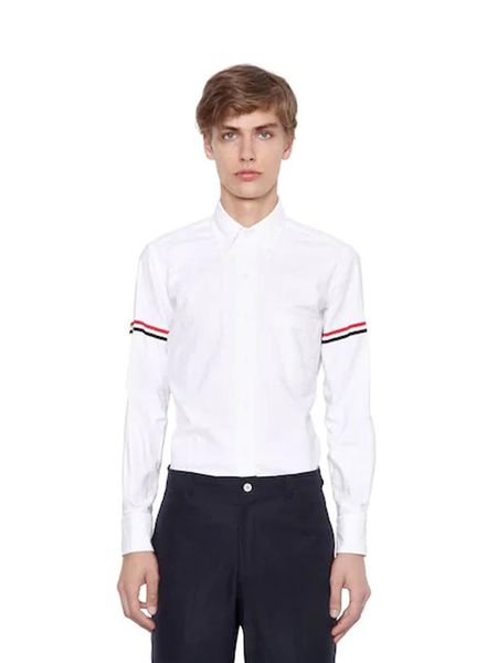 men's striped arm band cotton oxford shirt embroidered badge grosgrain casual shirts, White;black
men's striped arm band cotton oxford shirt embroidered badge grosgrain casual shirts, White;black