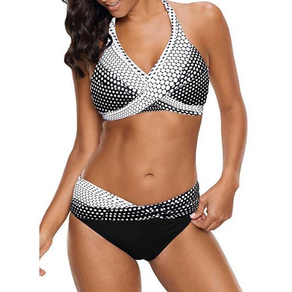 women's swimwear women bikini set 2021 polka dots printed color block two piece halter swimsuits push up padded swimming suit, White;black 
women's swimwear women bikini set 2021 polka dots printed color block two piece halter swimsuits push up padded swimming suit, White;black