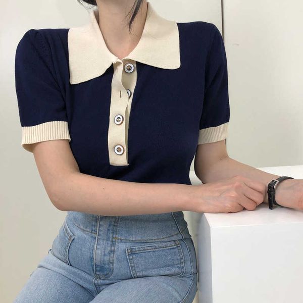 & tees summer retro slim contrast turn down collar shirts for women short sleeve knitted tshirts casual mujer camisetas 210610, White 
& tees summer retro slim contrast turn down collar shirts for women short sleeve knitted tshirts casual mujer camisetas 210610, White