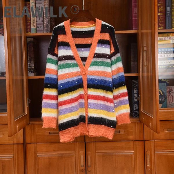 women's knits & tees 2021 autumn winter fashion rainbow stripe v-neck mohair cardigans coat c372, White
women's knits & tees 2021 autumn winter fashion rainbow stripe v-neck mohair cardigans coat c372, White