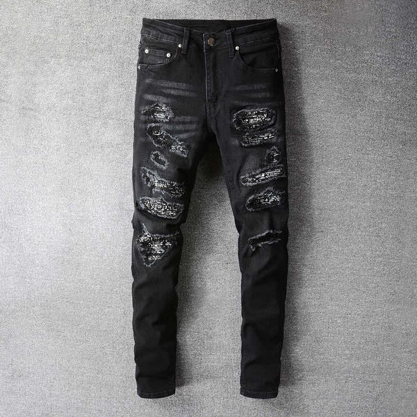 men's jeans american streetwear fashion black elastic ripped for slim fit patches designer hip hop denim punk pants 3c7e, Blue
men's jeans american streetwear fashion black elastic ripped for slim fit patches designer hip hop denim punk pants 3c7e, Blue