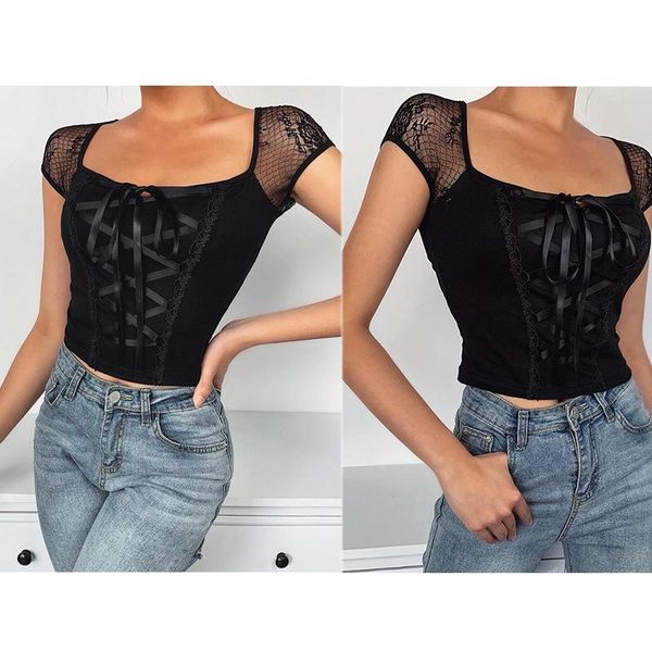 women's t-shirt bandage lace short sleeve black t-shirts summer women streetwear vintage party lady casual tees, White
women's t-shirt bandage lace short sleeve black t-shirts summer women streetwear vintage party lady casual tees, White