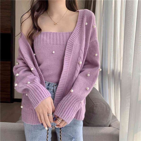 women's knits & tees wenfly roupas femininas venda quente tricô pérola dois conjuntos de peças solto cardigan camisola suspen, White
women's knits & tees wenfly roupas femininas venda quente tricô pérola dois conjuntos de peças solto cardigan camisola suspen, White