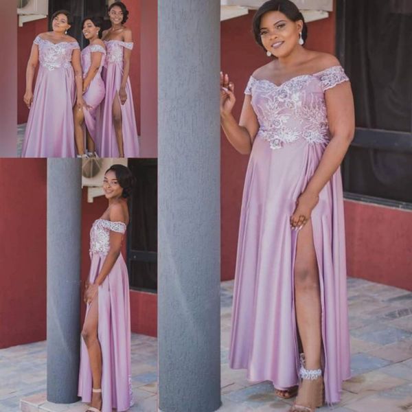 2021 african plus size bridesmaid dresses long side split lace appliques beads off the shoulder wedding guest gowns spring maid of honor dre, White;pink 
2021 african plus size bridesmaid dresses long side split lace appliques beads off the shoulder wedding guest gowns spring maid of honor dre, White;pink