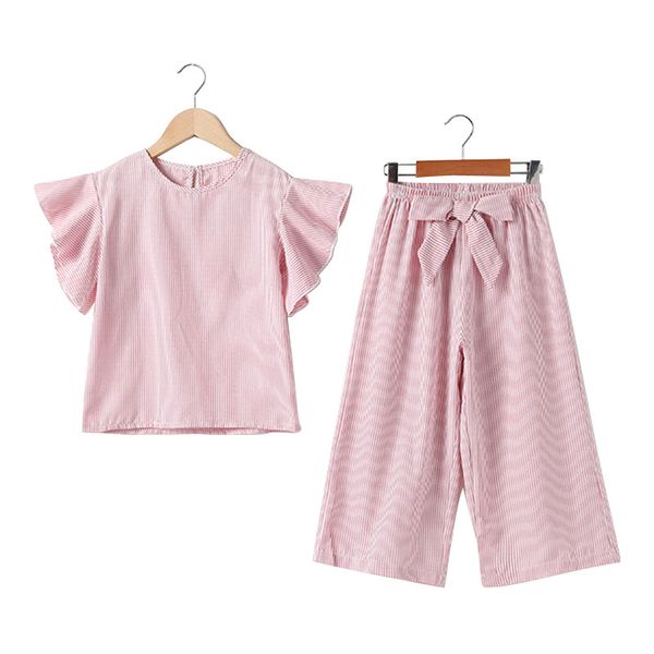 summer girls suit children striped kids two-piece set fashion ruffle short sleeve shirt + loose pant bow baby clothes 3-13 years, White