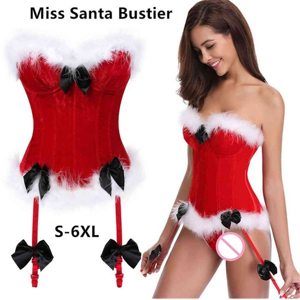 

halloween christmas plus size s-6xl miss santa white fur trim bows red zip-up corset bustier with wide band satin lace-up and 2 garters, Black;white