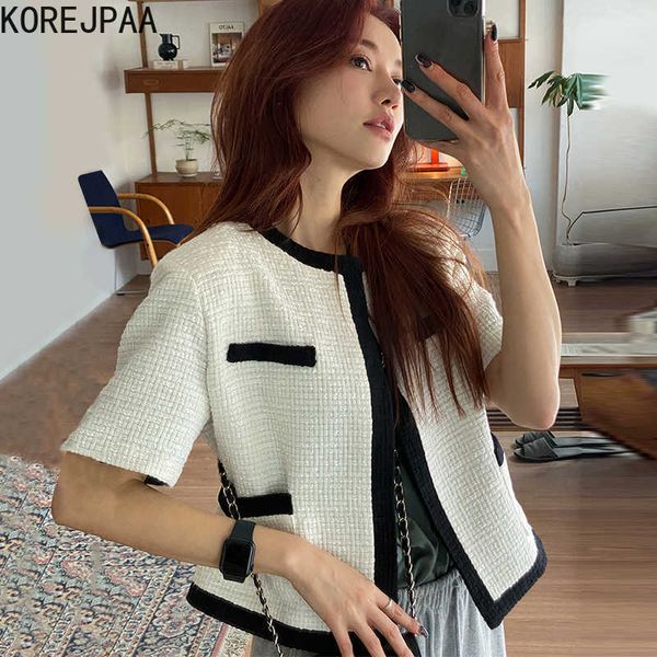 korejpaa women jackets summer korean chic round neck trim contrast color design loose casual short-sleeved tweed jacket 210526, Black;brown
korejpaa women jackets summer korean chic round neck trim contrast color design loose casual short-sleeved tweed jacket 210526, Black;brown