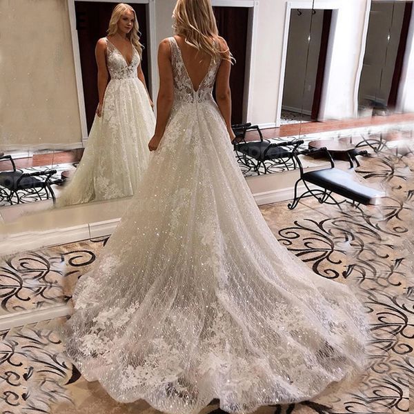 deep v neck a line lace wedding dresses sequined court train backless boho plus size beach bridal gowns, White
deep v neck a line lace wedding dresses sequined court train backless boho plus size beach bridal gowns, White
