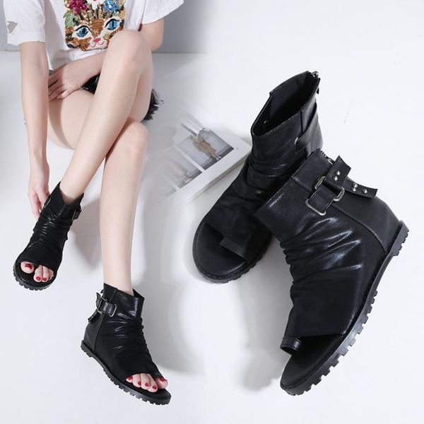 summer ladies sandals fish mouth increased zipper metal decorative casual cool boots with flat rome, Black
summer ladies sandals fish mouth increased zipper metal decorative casual cool boots with flat rome, Black