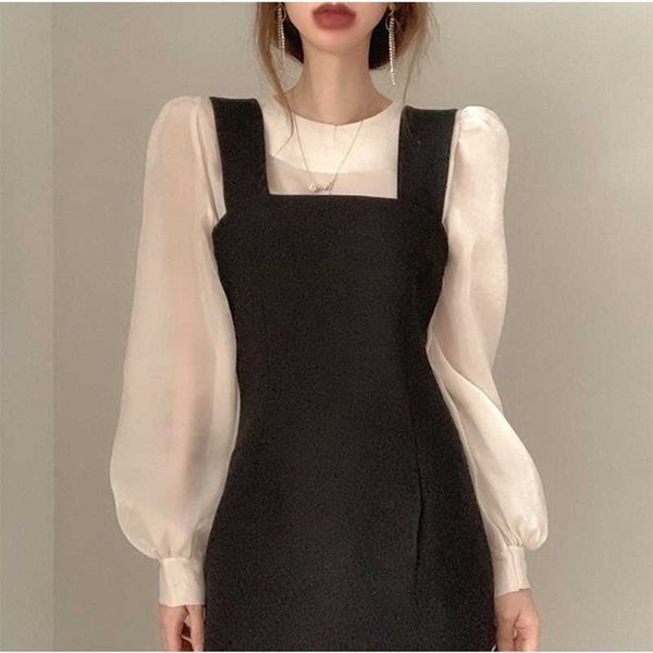 korean chic fashion white round neck transparent blouse puff sleeve slim waist a line black tank dress office lady sets 210610
korean chic fashion white round neck transparent blouse puff sleeve slim waist a line black tank dress office lady sets 210610