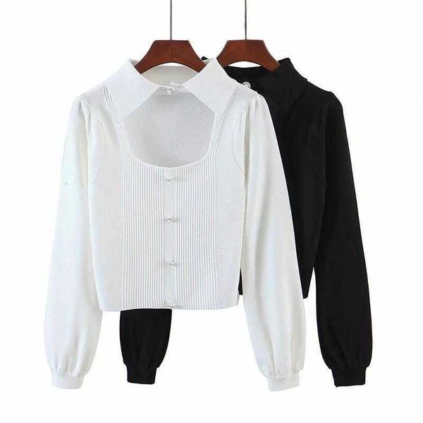 women's t-shirt european and american niche design retro lapel jewelry buckle chest hollow knit cardigan french style long-sleeved sw 9, White
women's t-shirt european and american niche design retro lapel jewelry buckle chest hollow knit cardigan french style long-sleeved sw 9, White