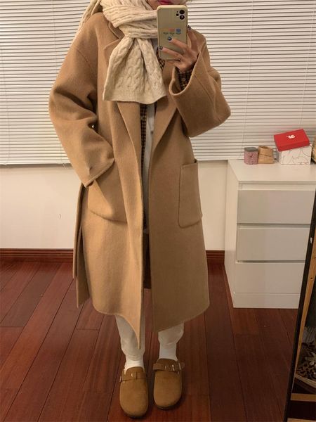 women's wool & blends korea women winter autumn loose long coat jacket belt woolen overcoat split hem chic stylish outerwear wholesale, Black
women's wool & blends korea women winter autumn loose long coat jacket belt woolen overcoat split hem chic stylish outerwear wholesale, Black