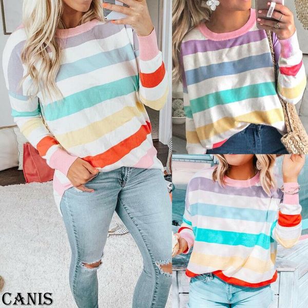 women's t-shirt autumn womens colorful striped long sleeve ladies casual loose o-neck tee, White
women's t-shirt autumn womens colorful striped long sleeve ladies casual loose o-neck tee, White