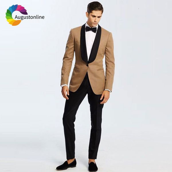 men's suits & blazers custom made khaki groom wedding suit black shawl lapel men man blazer jacket pants 2piece slim fit costume h, White;black