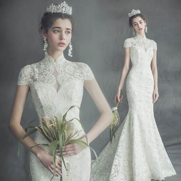 vintage wedding dresses with high-neck short-sleeves applique race wedding dress custom made with vestidos de novia, White
vintage wedding dresses with high-neck short-sleeves applique race wedding dress custom made with vestidos de novia, White