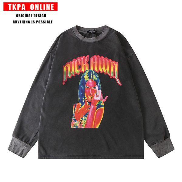tkpa ins high street fashion brand portrait printed round neck sweater men's and women's same wash water make old and base, Black
tkpa ins high street fashion brand portrait printed round neck sweater men's and women's same wash water make old and base, Black