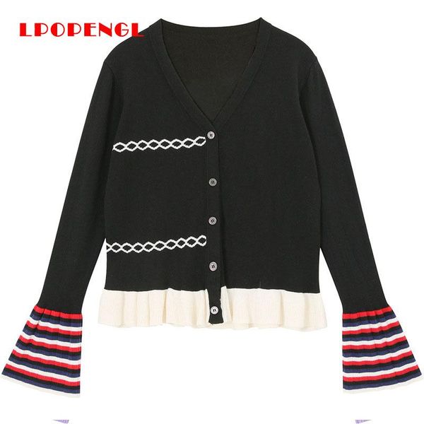 stripe color-blocking knitted cardigan sweater 2021 autumn striped trumpet sleeve button women women's knits & tees, White
stripe color-blocking knitted cardigan sweater 2021 autumn striped trumpet sleeve button women women's knits & tees, White