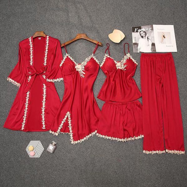 women's sleepwear lace floral trim women 5pcs robe gown sets satin lingerie v-neck nightgown kimono bathrobe spring lounge home wear wi, Black;red
women's sleepwear lace floral trim women 5pcs robe gown sets satin lingerie v-neck nightgown kimono bathrobe spring lounge home wear wi, Black;red