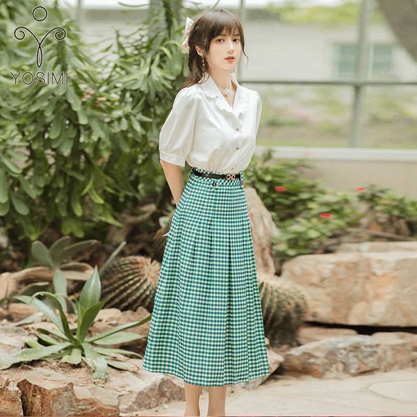 yosimi women skirt and set turn-down collar short sleeve white shirt green plaid long office lady 2 piece outfits 210604
yosimi women skirt and set turn-down collar short sleeve white shirt green plaid long office lady 2 piece outfits 210604