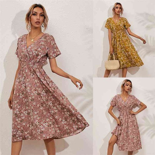 women's summer small floral print short-sleeved dress fashion boho style v neck elastic waist a-line mid-length femme robe 210517, Black;gray
women's summer small floral print short-sleeved dress fashion boho style v neck elastic waist a-line mid-length femme robe 210517, Black;gray