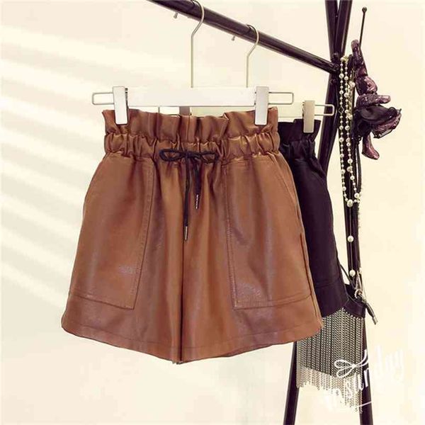 spring korean style female leather shorts high waist loose wide leg short femme elastic belt 210719, White;black
spring korean style female leather shorts high waist loose wide leg short femme elastic belt 210719, White;black