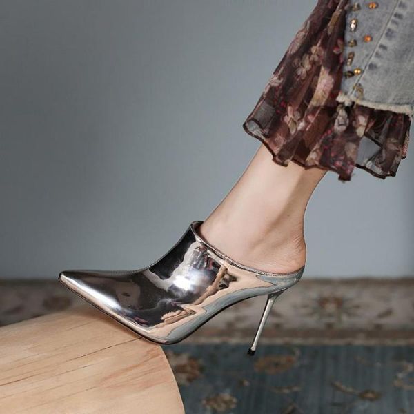 dress shoes summer thin heel high heeled pointed toe silver patent leather slingbacks pumps ladies shoe slippers sandals, Black
dress shoes summer thin heel high heeled pointed toe silver patent leather slingbacks pumps ladies shoe slippers sandals, Black