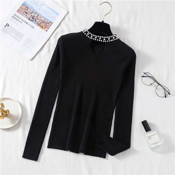 hsa sweter mujer slim casual pearl sweater and pullovers v neck hollow out invierno mujer khaki white solid sweater jumper 210716, White;black