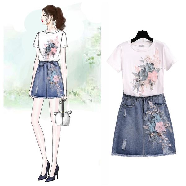 korean 2021 summer 2 piece set women's flower sequins embroidery t-shirt + high waist hole denim skirt two suits pants, White
korean 2021 summer 2 piece set women's flower sequins embroidery t-shirt + high waist hole denim skirt two suits pants, White