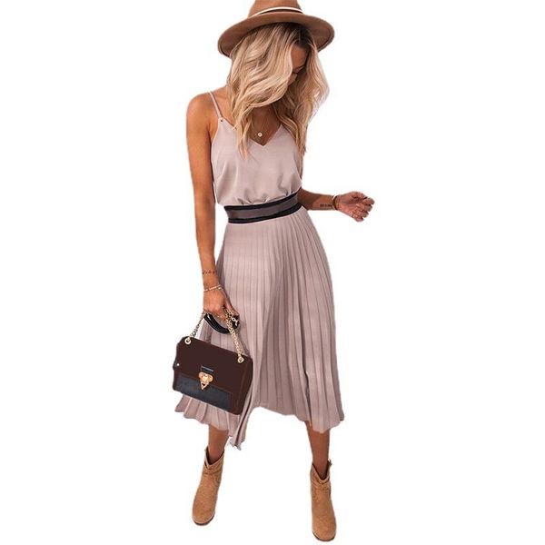 casual dresses 2021 summer loose v-neck pleated midi spaghetti strap fashion plus size women's dress, Black;gray