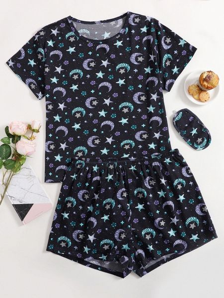 plus galaxy print pajama set b74i#, Black;white