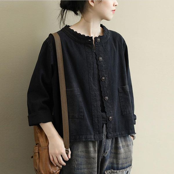 women's jackets nini wonderland 2021 autumn long sleeve black embroidery short jacket coats women loose cotton cardigan coat casual out, Black;brown
women's jackets nini wonderland 2021 autumn long sleeve black embroidery short jacket coats women loose cotton cardigan coat casual out, Black;brown
