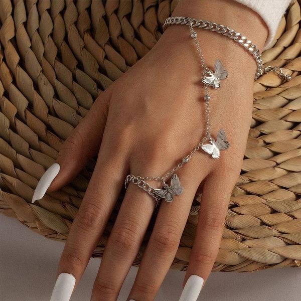 link, chain bracelet with finger ring gold silver color butterfly link wrist for women lady trendy aesthetic 2021 jewelry, Black
link, chain bracelet with finger ring gold silver color butterfly link wrist for women lady trendy aesthetic 2021 jewelry, Black