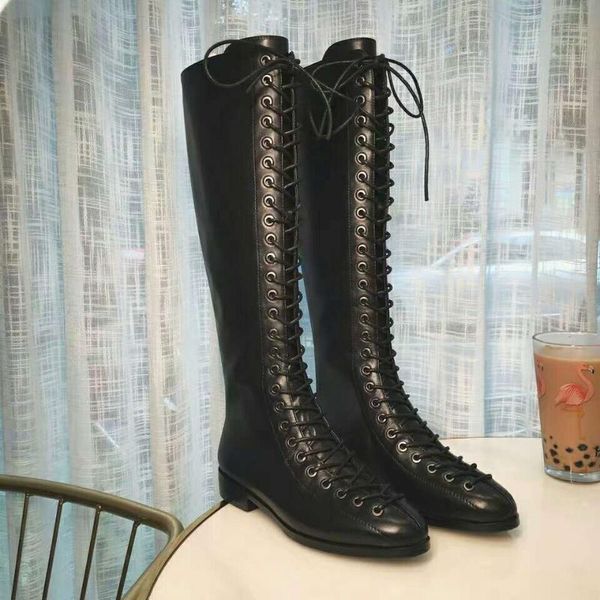 boots shoes women genuine cow leather knee high lace up round toe square heels low zapatos de mujer, Black
boots shoes women genuine cow leather knee high lace up round toe square heels low zapatos de mujer, Black